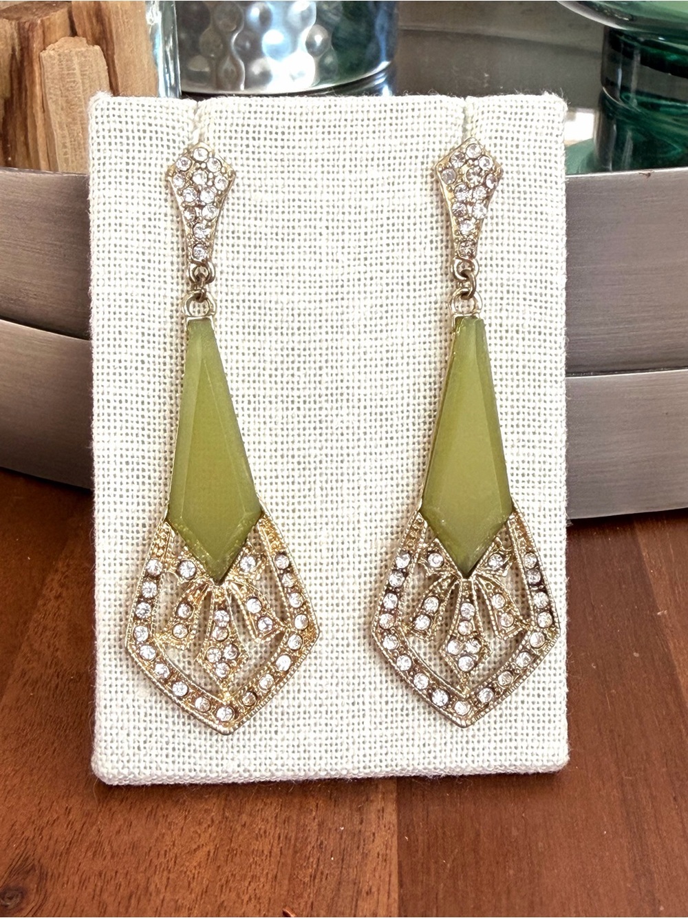 Vintage Olive Green Rhinestone Art Deco 3” Statement Drop Earrings